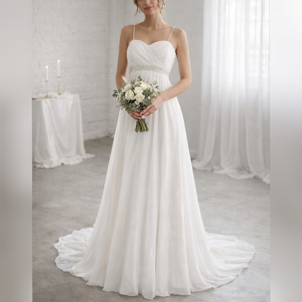 David's Bridal WG3078 White Chiffon Empire Waist Beaded Wedding Dress sz 14